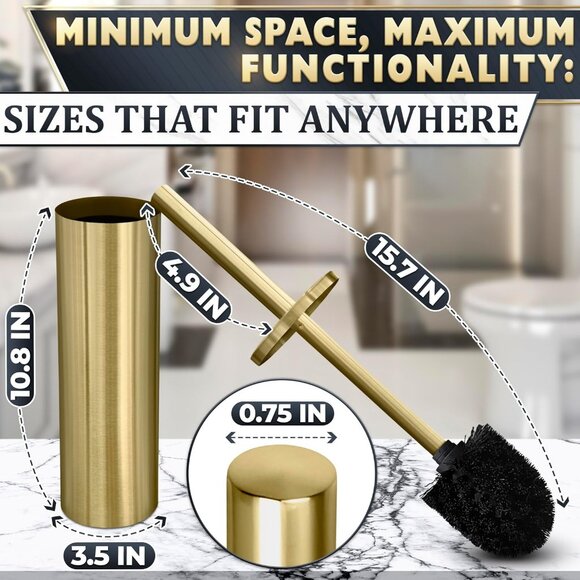 Gold Stainless Steel Toilet Brush and Holder Set Replaceable Head Dense Bristles - Picture 2 of 9